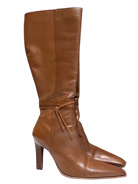 Bronx Brown Leather Knee High Boots Pointed Toe Heeled Zip Up Size 9.5